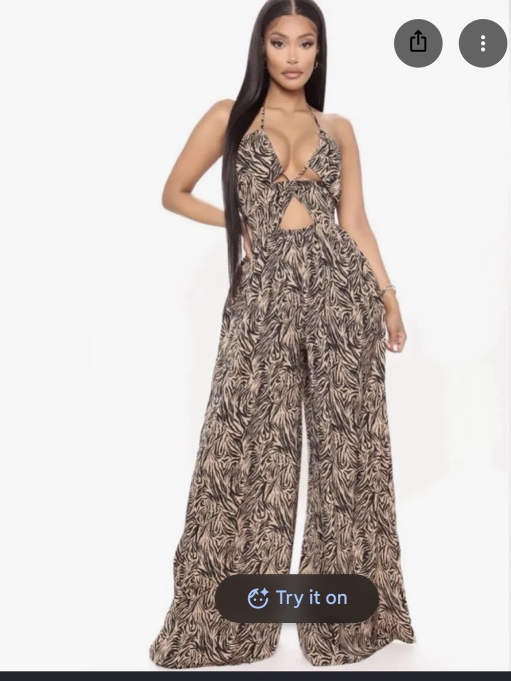 Fashion Nova Beige Zebra Print Halter Cutout Wide-Leg Jumpsuit